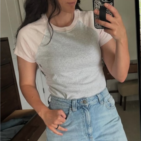 Hollister Raglan Baby Tee Set Pink & Heather Gray & White with Taupe Sleeves - Picture 8 of 9